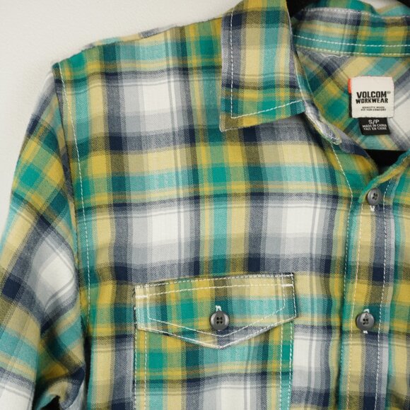 Volcom Workwear Men's Shirt Green Yellow Black Gray Plaid Size Small - Picture 6 of 9